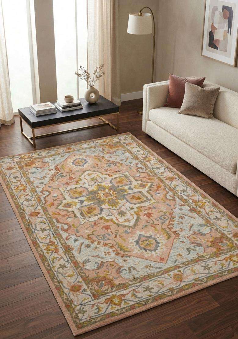 Saffron Rugs Hand-Tufted 100% Wool Area Rug | Peach Pink Rectangular Rug | Cotton Backing | Oriental Floral Carpet for Living Room - Indya
