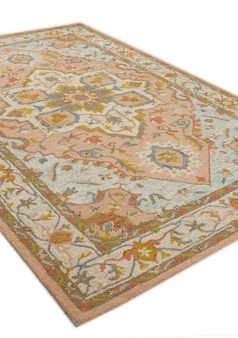 Saffron Rugs Peach Pink Oriental Floral Hand Tufted Wool Rectangular Rug - Indya