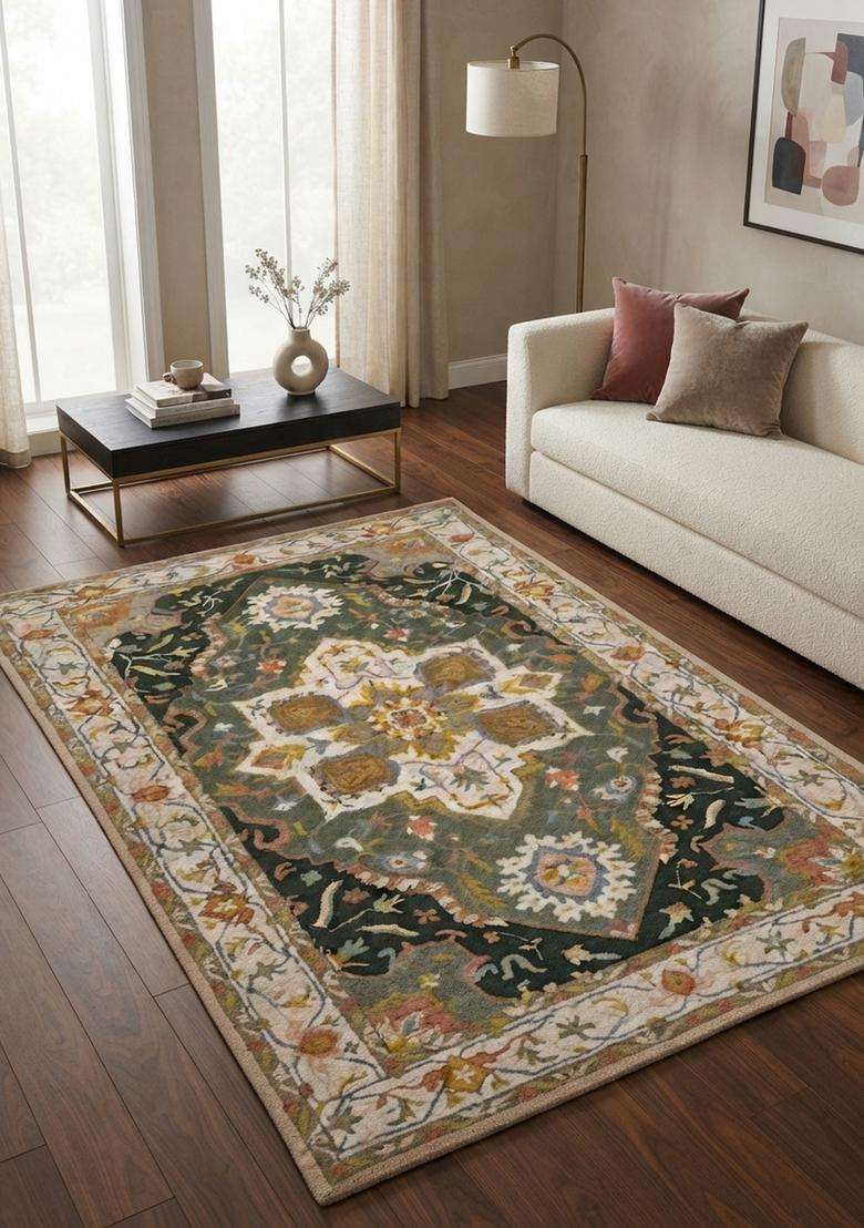 Saffron Rugs Hand-Tufted 100% Wool Area Rug | Dark Green Rectangular Rug | Cotton Backing | Oriental Floral Carpet for Living Room - Indya