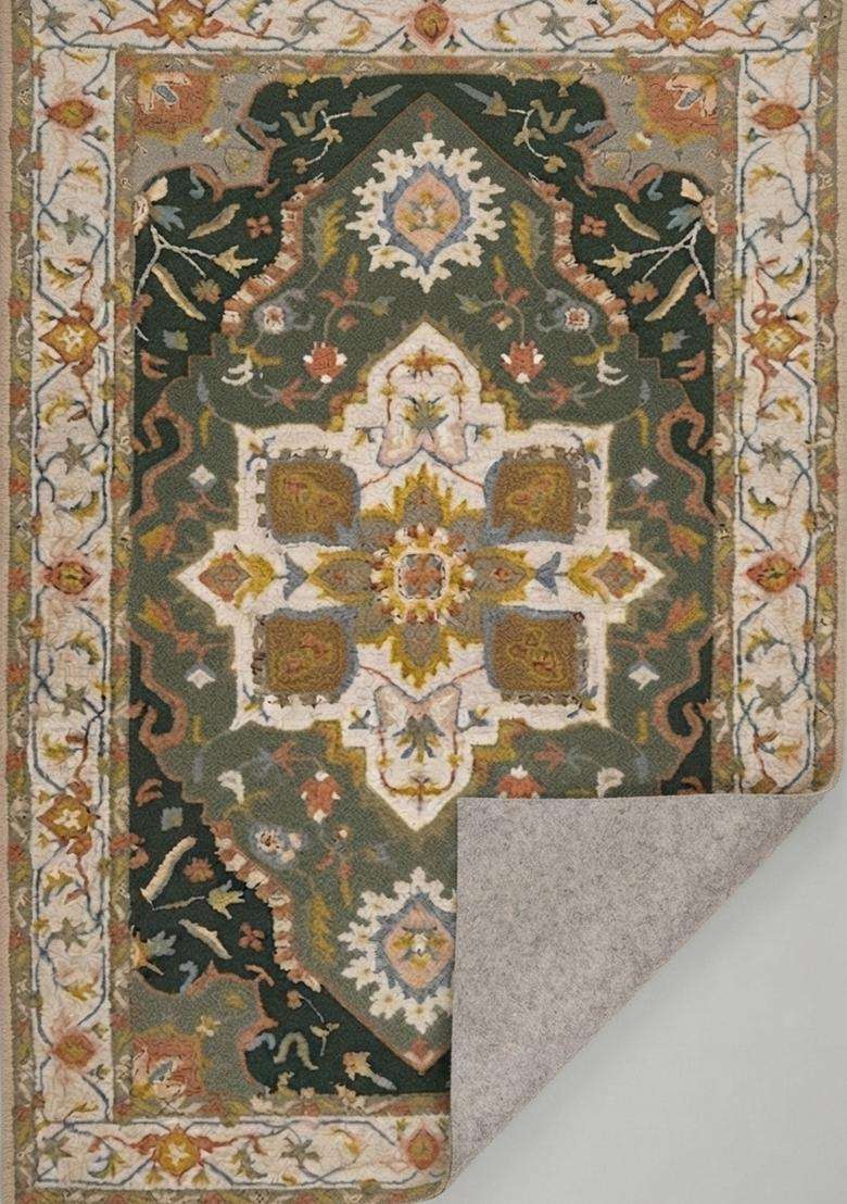 Saffron Rugs Dark Green Oriental Floral Hand Tufted Wool Rectangular Rug - Indya