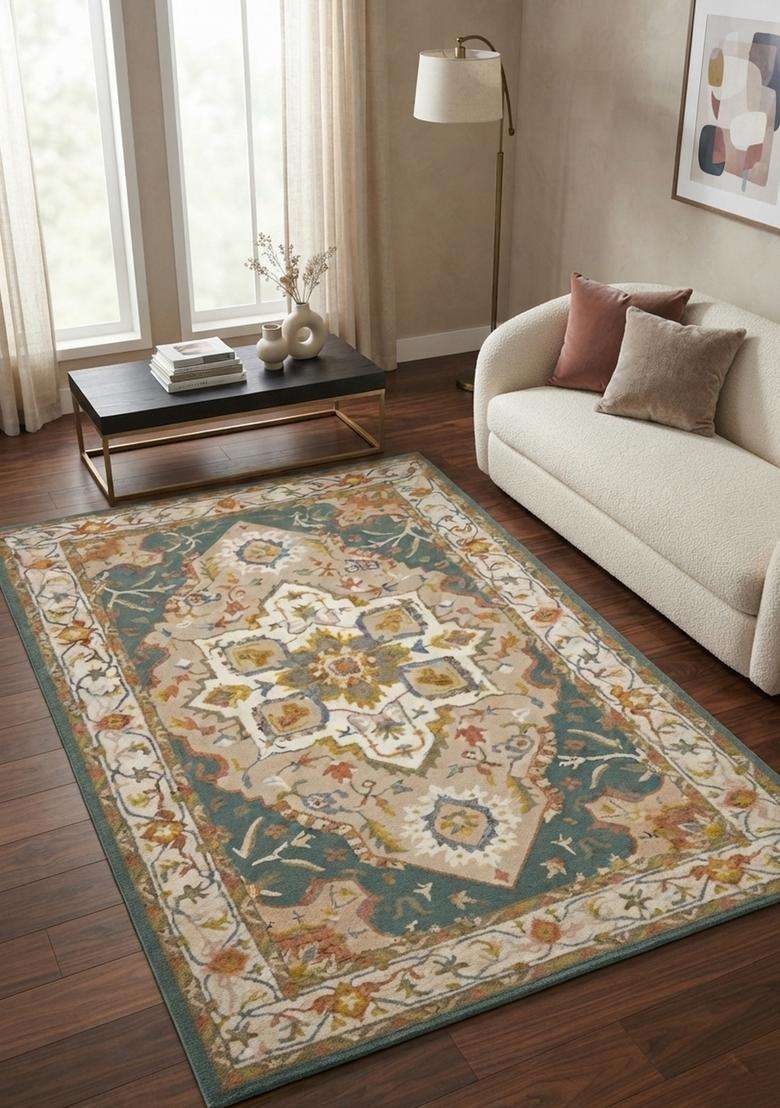 Saffron Rugs Hand-Tufted 100% Wool Area Rug | Teal Blue Rectangular Rug | Cotton Backing | Oriental Floral Carpet for Living Room - Indya