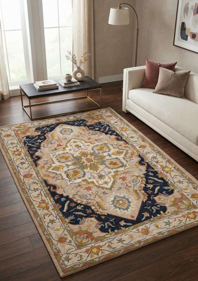 Saffron Rugs Beige Navy Multicolor Oriental Floral Hand Tufted Wool Rectangular Rug - Indya