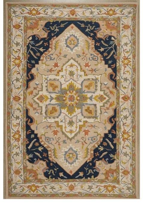 Saffron Rugs Hand-Tufted 100% Wool Area Rug | Beige Navy Multicolor Rectangular Rug | Cotton Backing | Oriental Floral Carpet for Living Room