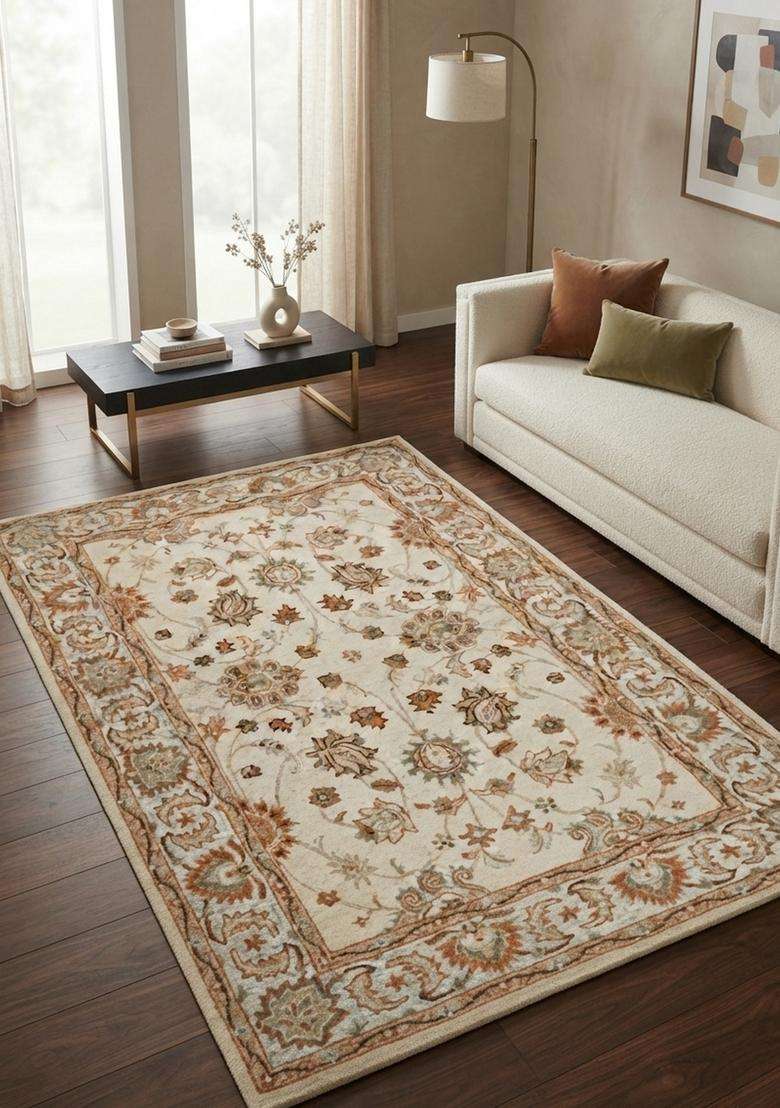 Saffron Rugs Hand-Tufted 100% Wool Area Rug | Ivory Beige Rectangular Rug | Cotton Backing | Classic Floral Carpet for Living Room - Indya