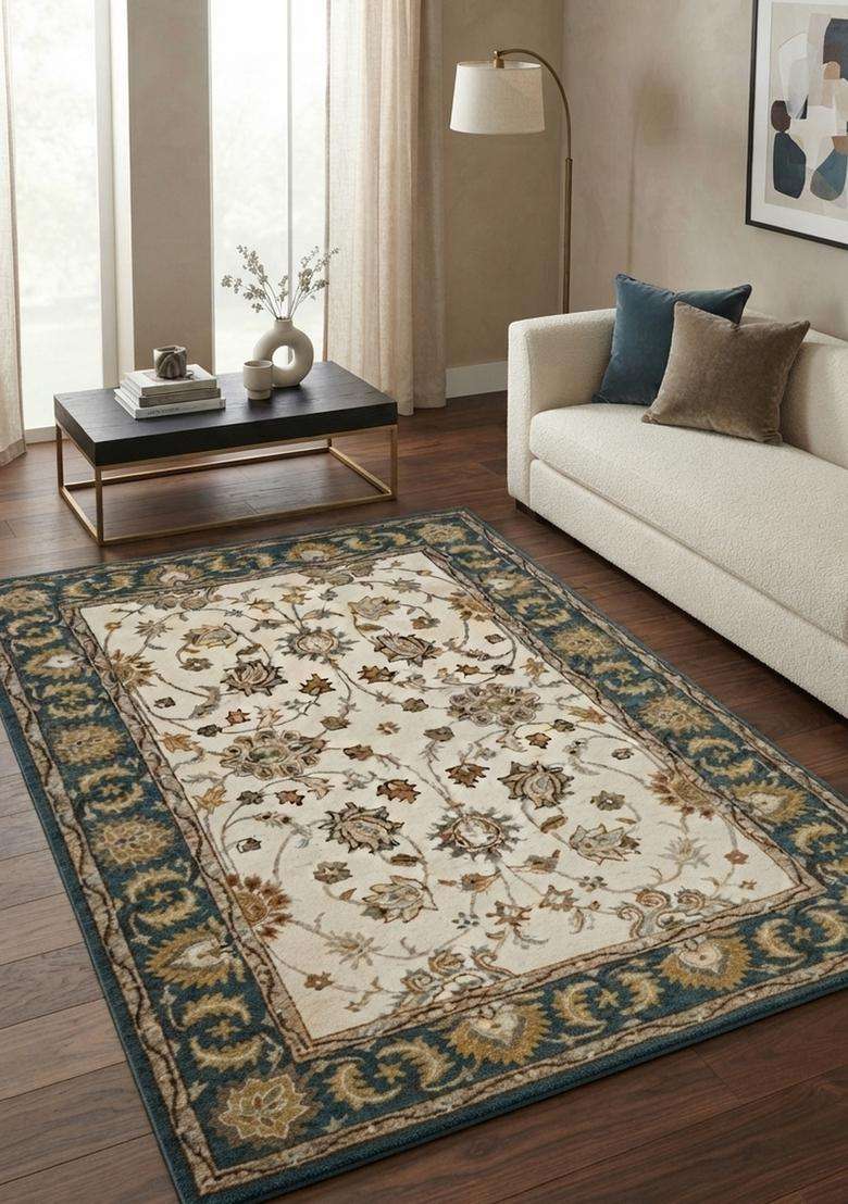 Saffron Rugs Hand-Tufted 100% Wool Area Rug | Ivory Teal Rectangular Rug | Cotton Backing | Oriental Floral Carpet for Living Room - Indya