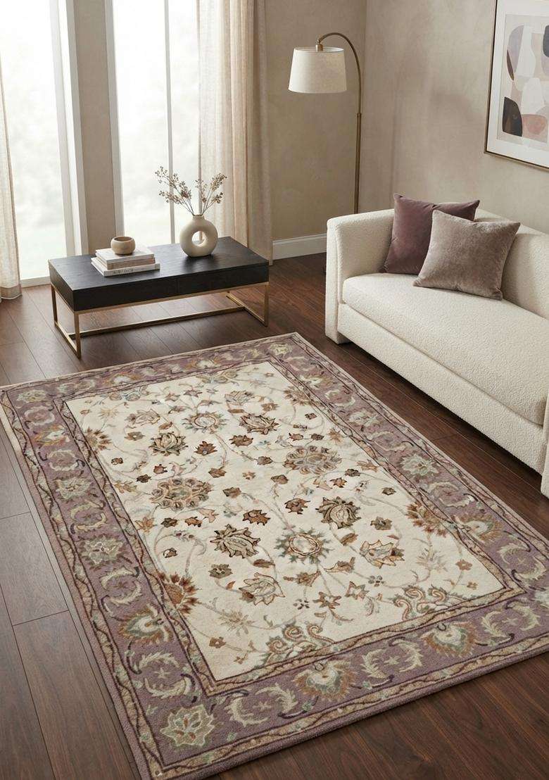 Saffron Rugs Hand-Tufted 100% Wool Area Rug | Ivory Beige Rectangular Rug | Cotton Backing | Oriental Floral Carpet for Living Room - Indya