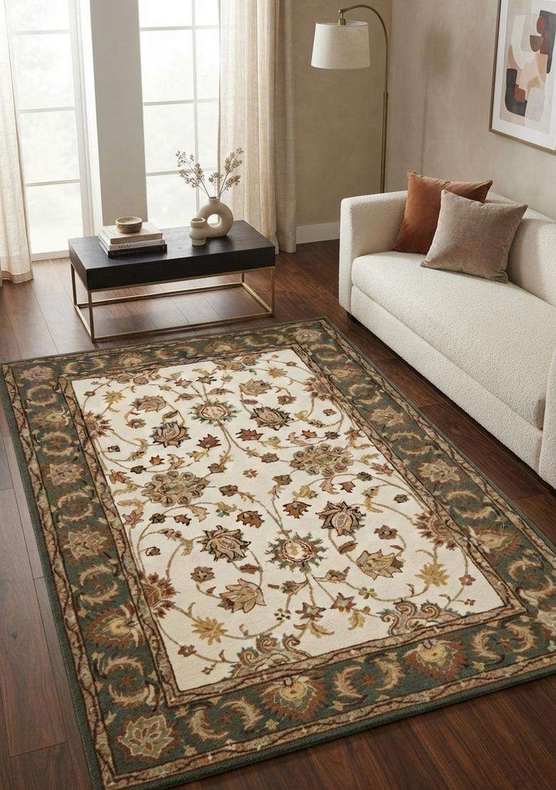 Saffron Rugs Hand-Tufted 100% Wool Area Rug | Ivory Green Rectangular Rug | Cotton Backing | Oriental Floral Carpet for Living Room - Indya