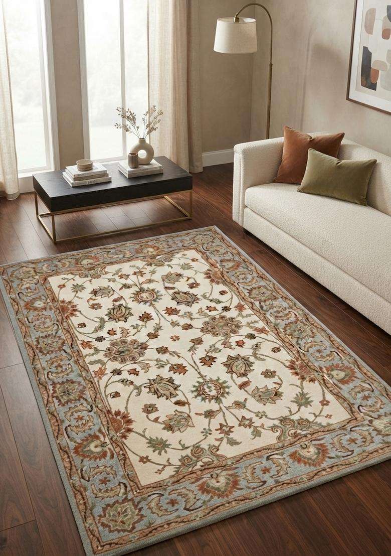 Saffron Rugs Ivory Cream Oriental Floral Hand Tufted Wool Rectangular Rug - Indya