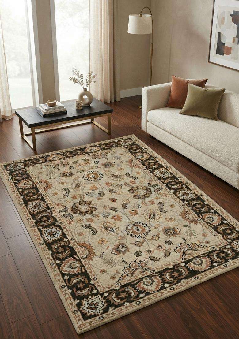 Saffron Rugs Ivory Brown Oriental Floral Hand Tufted Wool Rectangular Rug - Indya