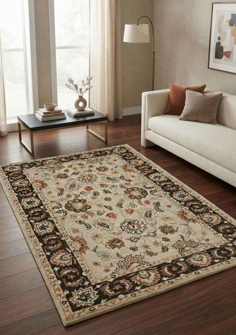 Saffron Rugs Hand-Tufted 100% Wool Area Rug | Cream Brown Rectangular Rug | Cotton Backing | Oriental Floral Carpet for Living Room - Indya