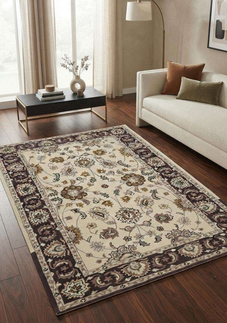 Saffron Rugs Hand-Tufted 100% Wool Area Rug | Ivory Cream Rectangular Rug | Cotton Backing | Oriental Floral Carpet for Living Room - Indya