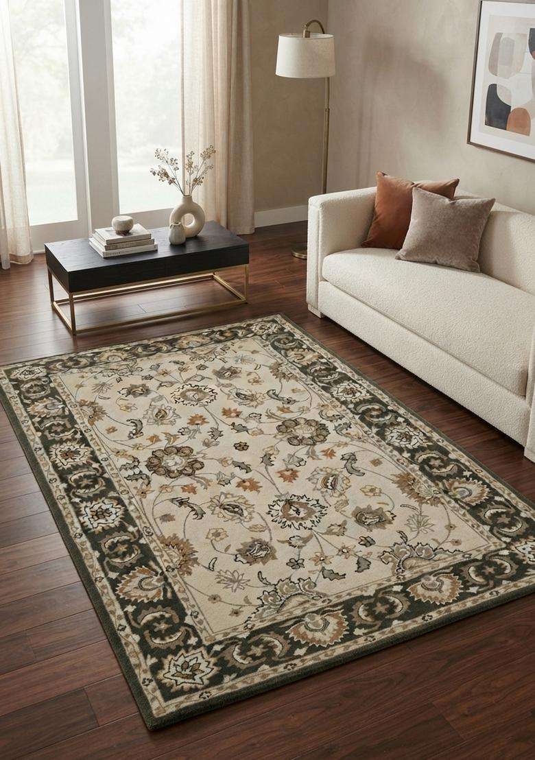 Saffron Rugs Hand-Tufted 100% Wool Area Rug | Ivory Green Rectangular Rug | Cotton Backing | Oriental Floral Carpet for Living Room - Indya