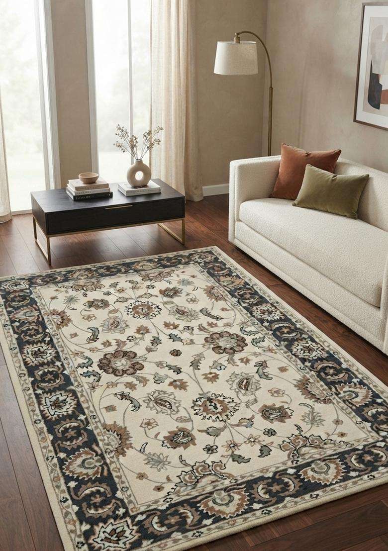 Saffron Rugs Ivory Oriental Floral Hand Tufted Wool Rectangular Rug - Indya