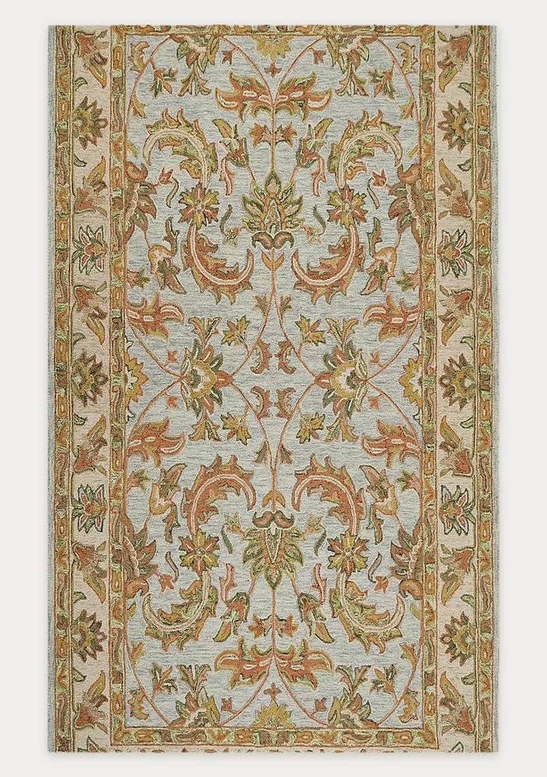 Saffron Rugs Light Blue Classic Floral Hand Tufted Wool Rectangular Rug - Indya