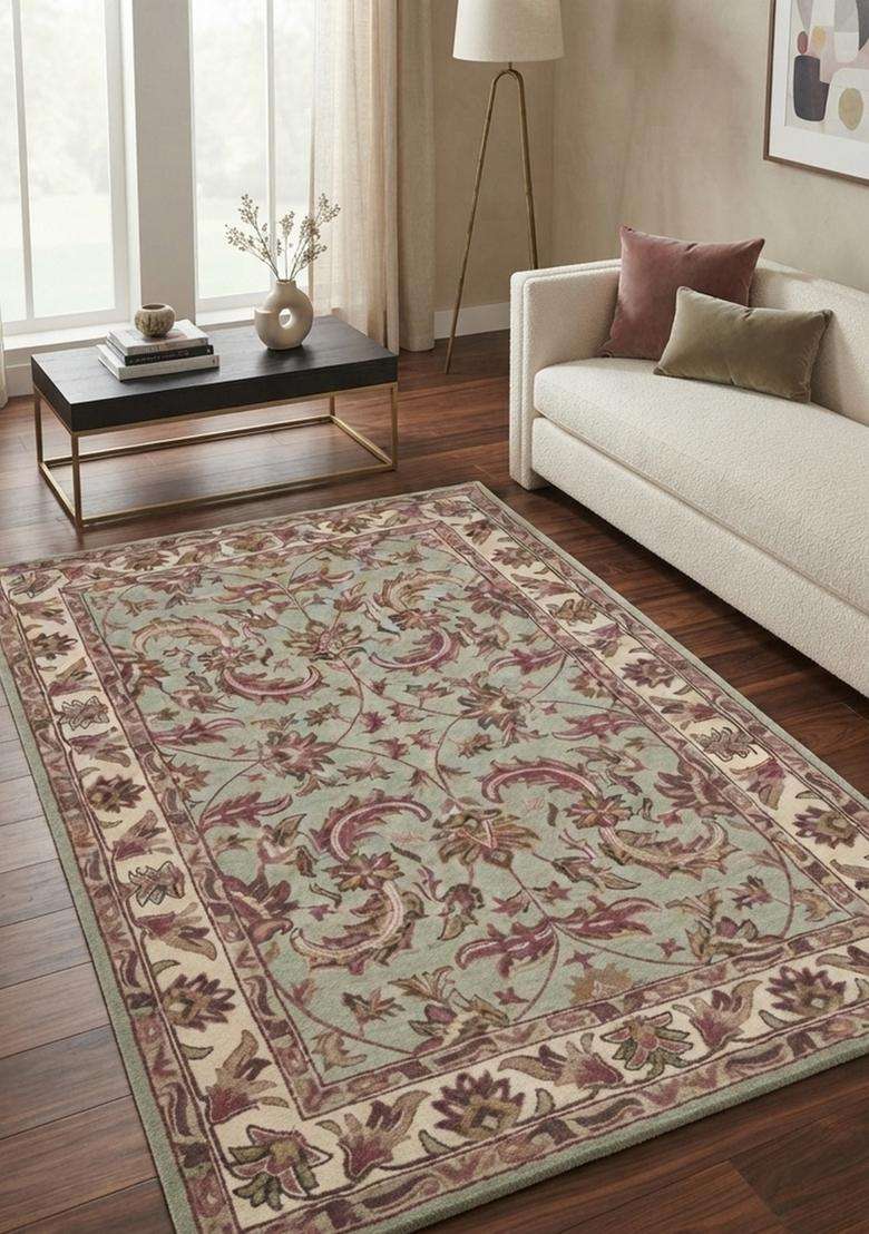 Saffron Rugs Hand-Tufted 100% Wool Area Rug | Sage Green Rectangular Rug | Cotton Backing | Classic Floral Carpet for Living Room - Indya