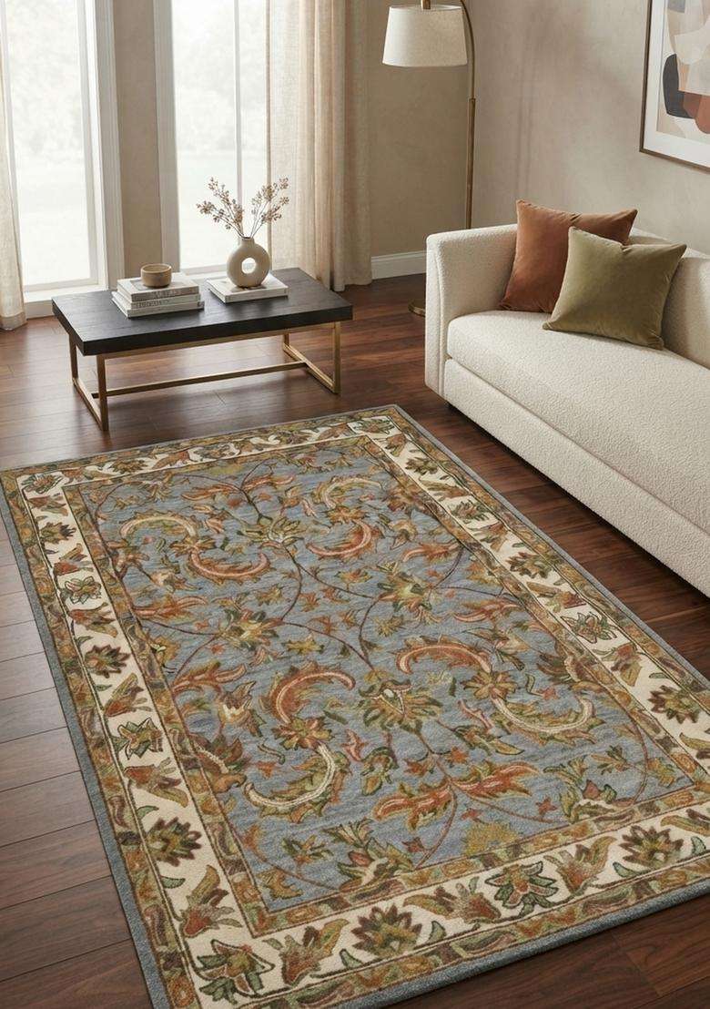 Saffron Rugs Hand-Tufted 100% Wool Area Rug | Blue Grey Rectangular Rug | Cotton Backing | Oriental Floral Carpet for Living Room - Indya