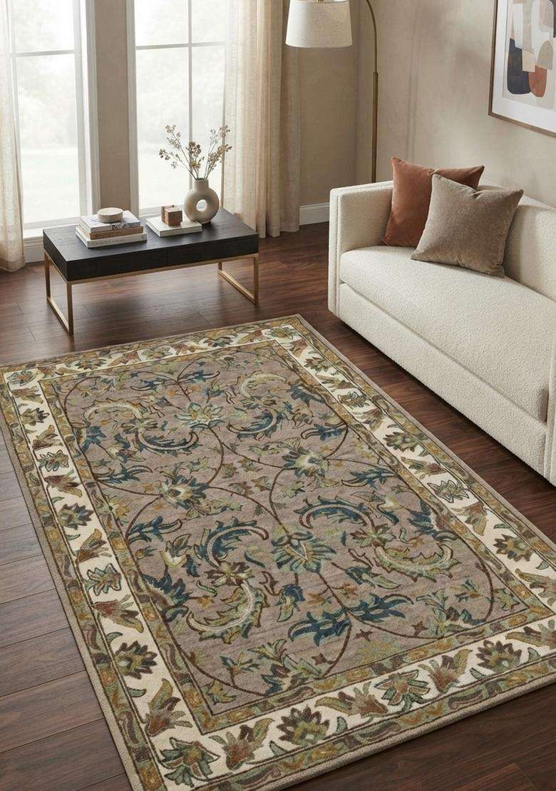 Saffron Rugs Hand-Tufted 100% Wool Area Rug | Taupe Rectangular Rug | Cotton Backing | Classic Floral Carpet for Living Room - Indya