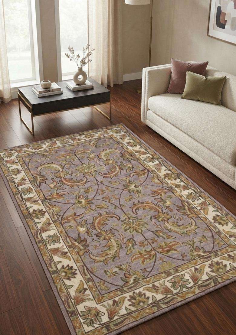 Saffron Rugs Hand-Tufted 100% Wool Area Rug | Lavender Grey Rectangular Rug | Cotton Backing | Oriental Floral Carpet for Living Room - Indya