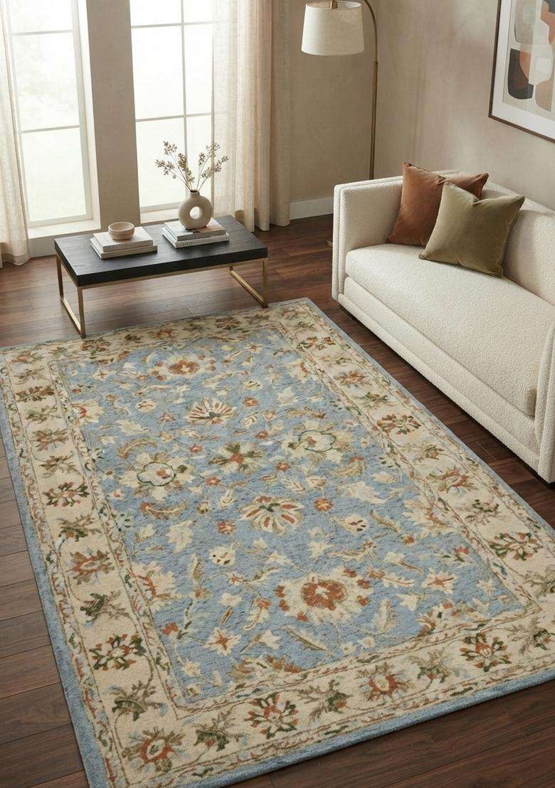 Saffron Rugs Hand-Tufted 100% Wool Area Rug | Light Blue Beige Rectangular Rug | Cotton Backing | Oriental Floral Carpet for Living Room - Indya