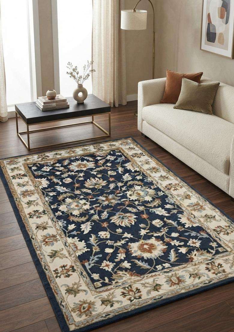 Saffron Rugs Navy Blue Oriental Floral Hand Tufted Wool Rectangular Rug - Indya