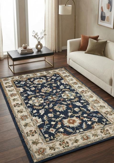 Saffron Rugs Hand-Tufted 100% Wool Area Rug | Navy Blue Rectangular Rug | Cotton Backing | Oriental Floral Carpet for Living Room