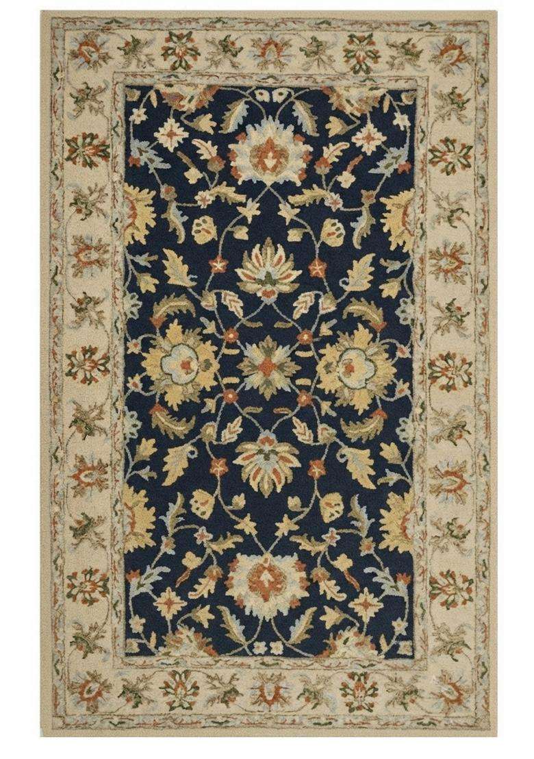 Saffron Rugs Navy Blue Oriental Floral Hand Tufted Wool Rectangular Rug - Indya