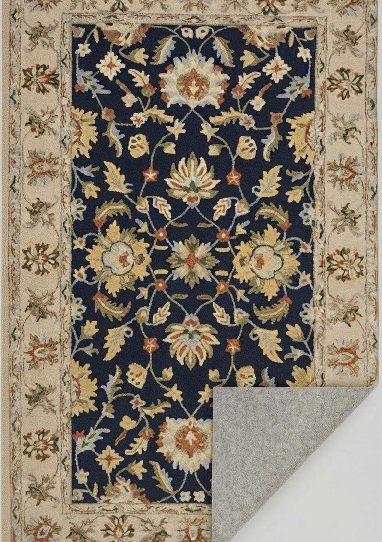 Saffron Rugs Navy Blue Oriental Floral Hand Tufted Wool Rectangular Rug - Indya