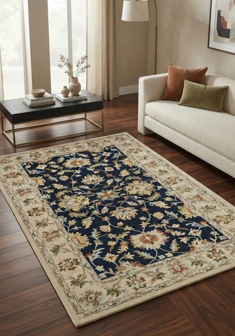 Saffron Rugs Hand-Tufted 100% Wool Area Rug | Navy Blue Rectangular Rug | Cotton Backing | Oriental Floral Carpet for Living Room