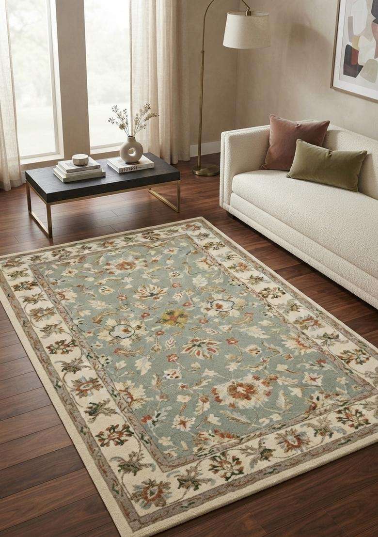Saffron Rugs Sage Green Oriental Floral Hand Tufted Wool Rectangular Rug - Indya