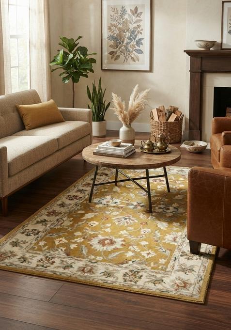 Saffron Rugs Hand-Tufted 100% Wool Area Rug | Gold Rectangular Rug | Cotton Backing | Oriental Floral Carpet for Living Room