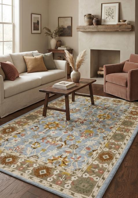 Saffron Rugs Hand-Tufted 100% Wool Area Rug | Light Blue Rectangular Rug | Cotton Backing | Oriental Floral Carpet for Living Room