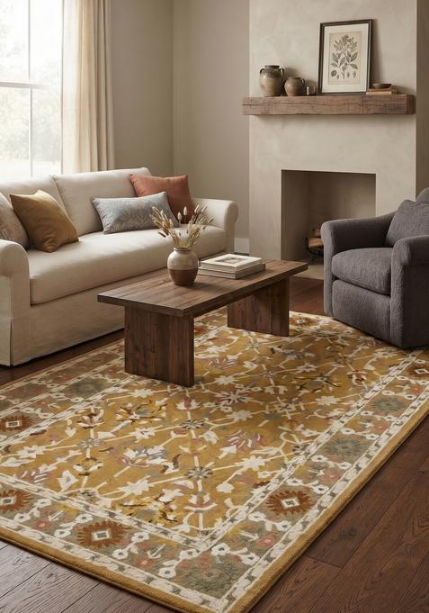 Saffron Rugs Hand-Tufted 100% Wool Area Rug | Mustard Gold Rectangular Rug | Cotton Backing | Oriental Trellis Carpet for Living Room