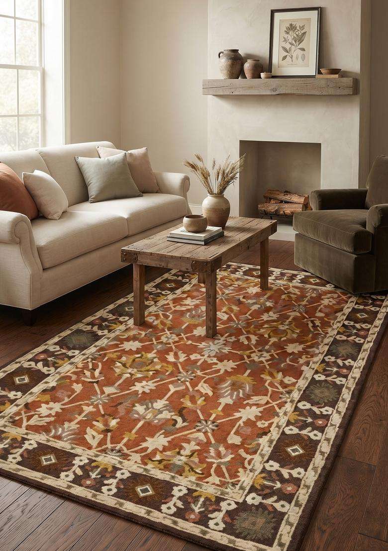 Saffron Rugs Rust Orange Oriental Floral Hand Tufted Wool Rectangular Rug - Indya
