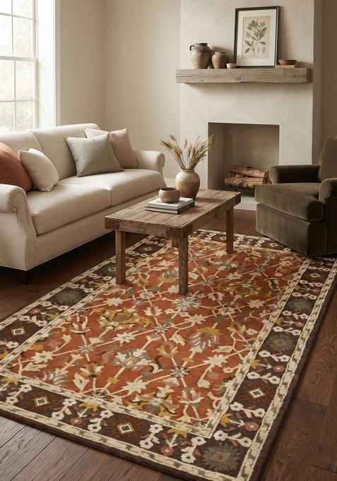 Saffron Rugs Hand-Tufted 100% Wool Area Rug | Rust Orange Rectangular Rug | Cotton Backing | Oriental Floral Carpet for Living Room
