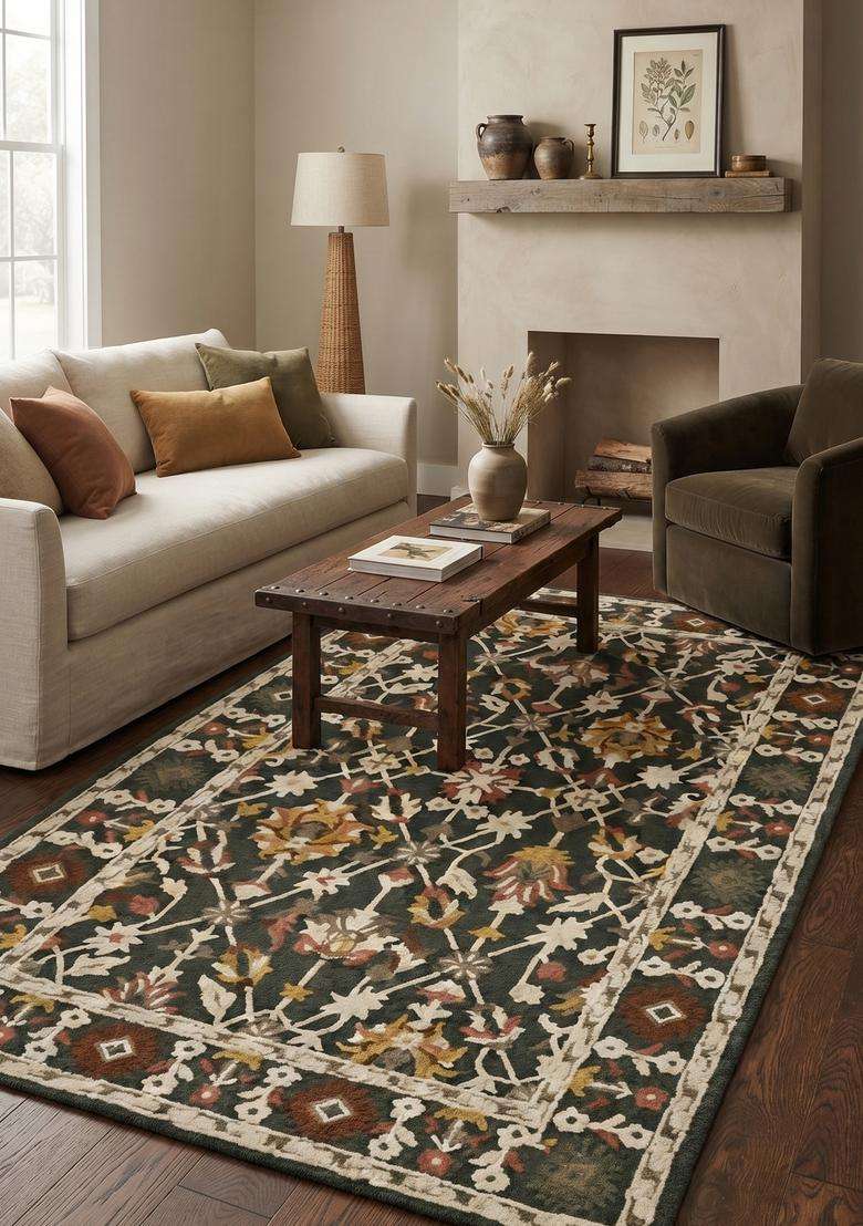 Saffron Rugs Dark Olive Green Oriental Trellis Hand Tufted Wool Rectangular Rug - Indya