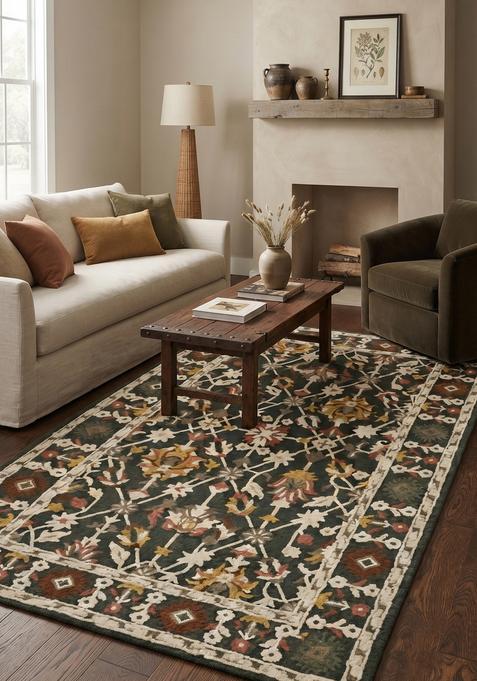 Saffron Rugs Hand-Tufted 100% Wool Area Rug | Dark Olive Green Rectangular Rug | Cotton Backing | Oriental Trellis Carpet for Living Room