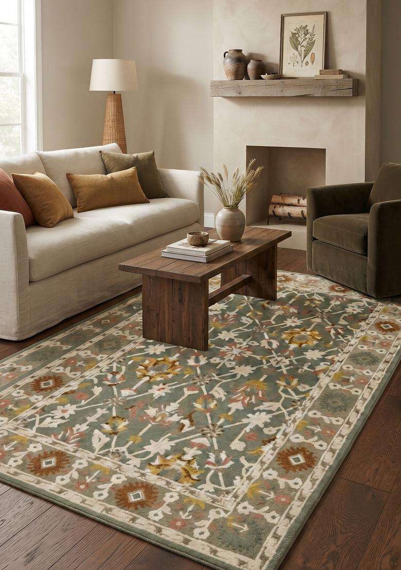 Saffron Rugs Sage Green Oriental Floral Hand Tufted Wool Rectangular Rug - Indya