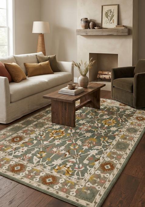 Saffron Rugs Hand-Tufted 100% Wool Area Rug | Sage Green Rectangular Rug | Cotton Backing | Oriental Floral Carpet for Living Room