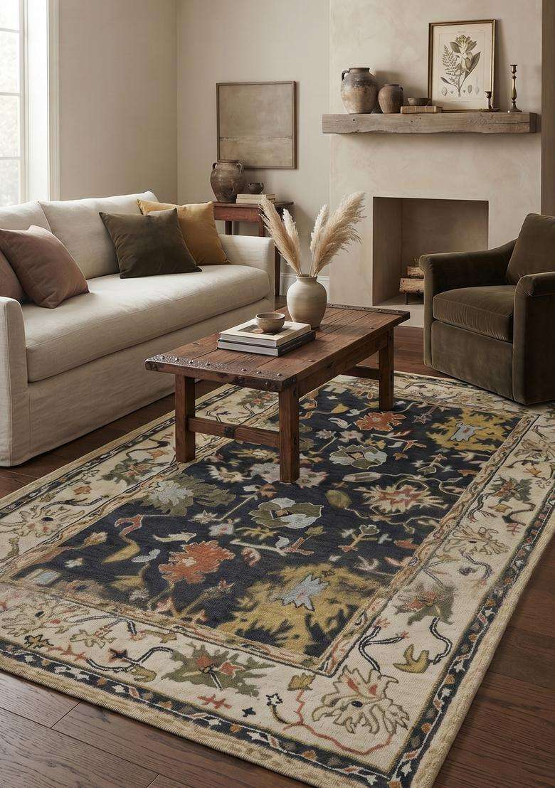 Saffron Rugs Dark Navy Blue Oriental Floral Hand Tufted Wool Rectangular Rug - Indya