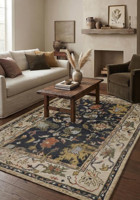 Saffron Rugs Hand-Tufted 100% Wool Area Rug | Dark Navy Blue Rectangular Rug | Cotton Backing | Oriental Floral Carpet for Living Room