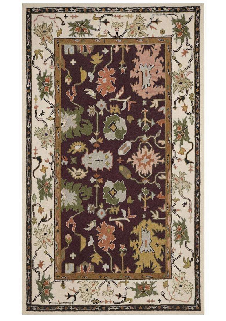 Saffron Rugs Dark Maroon Oriental Floral Hand Tufted Wool Rectangular Rug - Indya