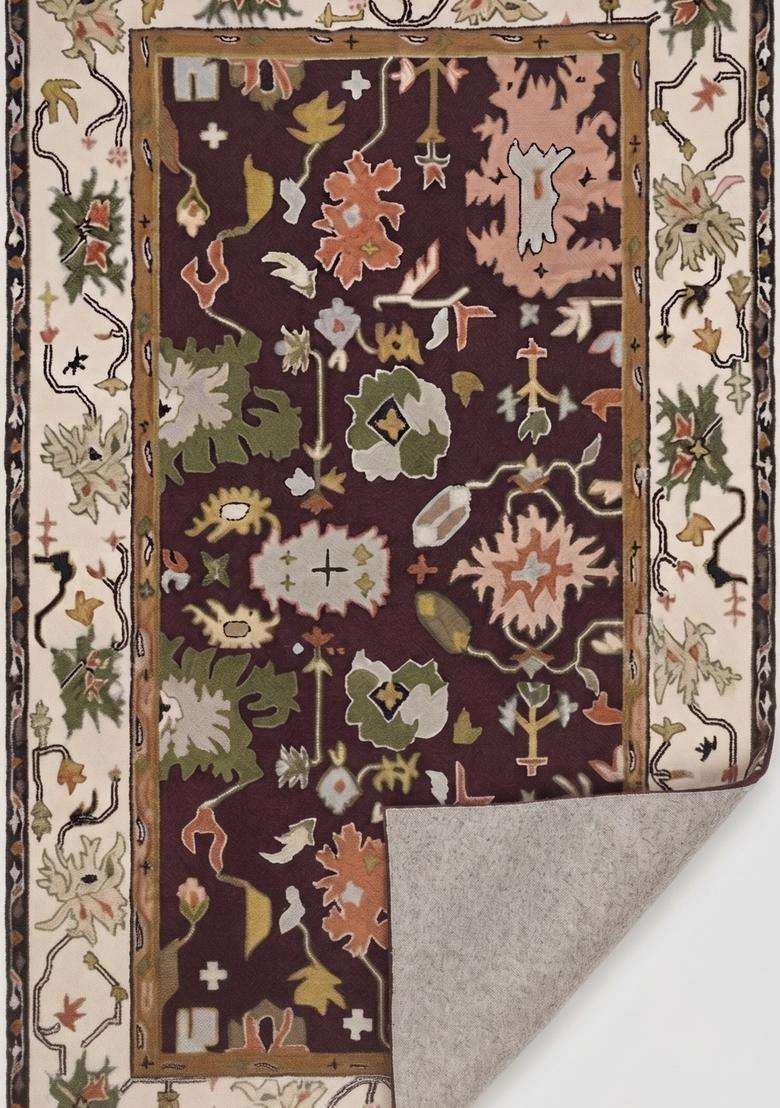 Saffron Rugs Dark Maroon Oriental Floral Hand Tufted Wool Rectangular Rug - Indya