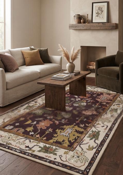 Saffron Rugs Hand-Tufted 100% Wool Area Rug | Dark Maroon Rectangular Rug | Cotton Backing | Oriental Floral Carpet for Living Room