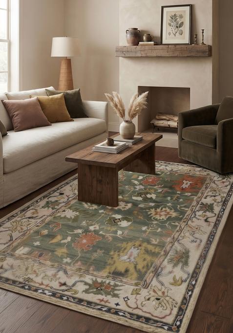 Saffron Rugs Hand-Tufted 100% Wool Area Rug | Sage Green Rectangular Rug | Cotton Backing | Oriental Floral Carpet for Living Room
