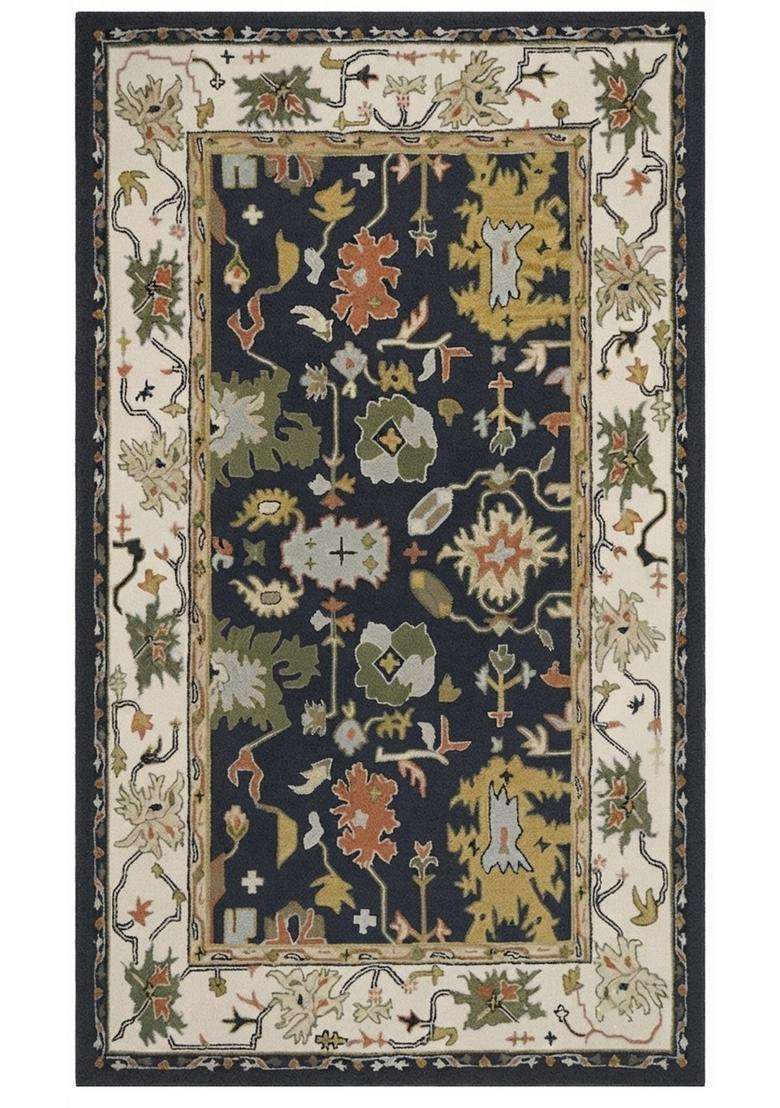 Saffron Rugs Navy Blue Oriental Floral Hand Tufted Wool Rectangular Rug - Indya