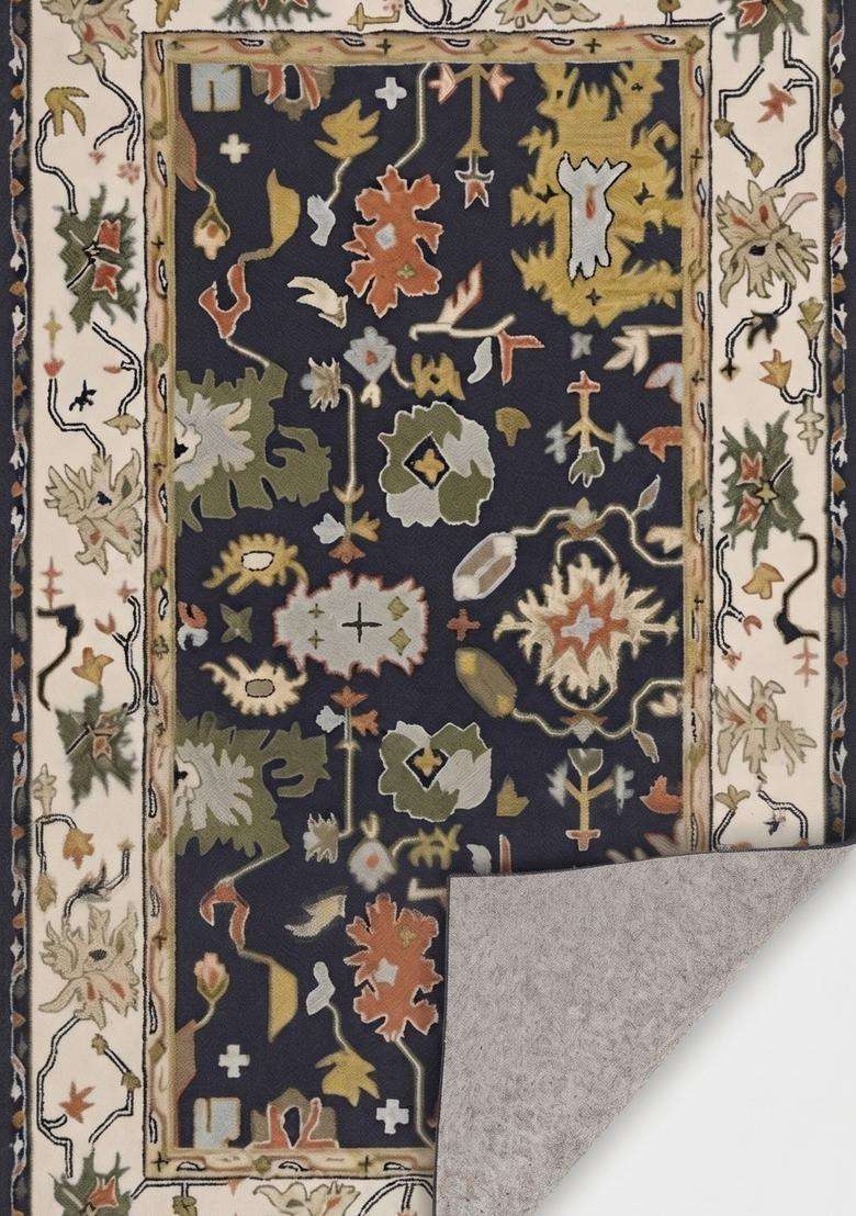 Saffron Rugs Navy Blue Oriental Floral Hand Tufted Wool Rectangular Rug - Indya