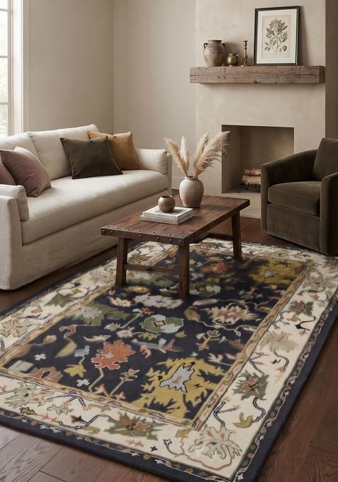 Saffron Rugs Hand-Tufted 100% Wool Area Rug | Navy Blue Rectangular Rug | Cotton Backing | Oriental Floral Carpet for Living Room