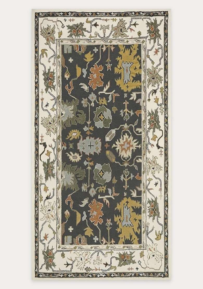 Saffron Rugs Hand-Tufted 100% Wool Runner | Dark Charcoal Rectangular Rug | Cotton Backing | Classic Floral Carpet for Hallway - Indya
