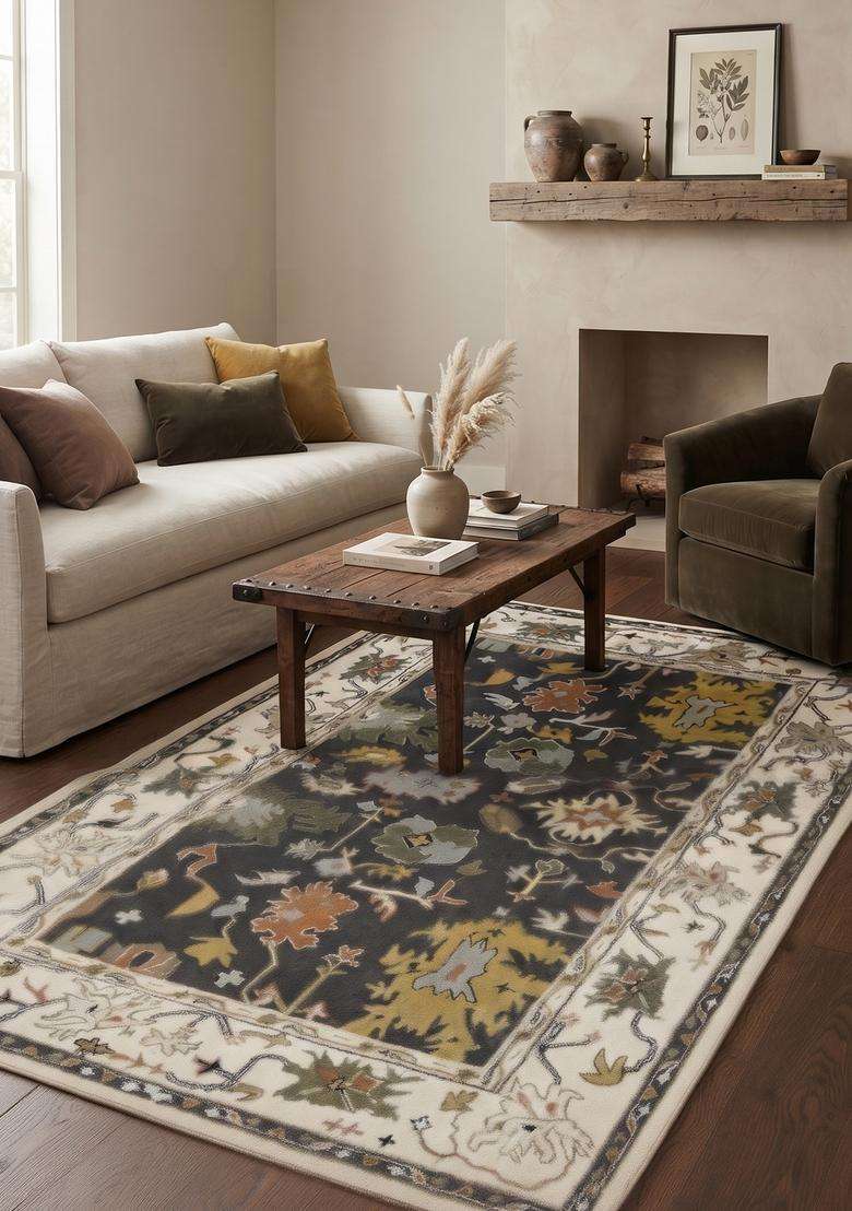 Saffron Rugs Dark Charcoal Classic Floral Hand Tufted Wool Runner - Indya