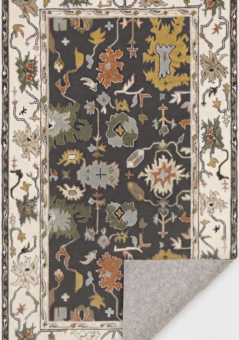 Saffron Rugs Hand-Tufted 100% Wool Runner | Dark Charcoal Rectangular Rug | Cotton Backing | Classic Floral Carpet for Hallway - Indya